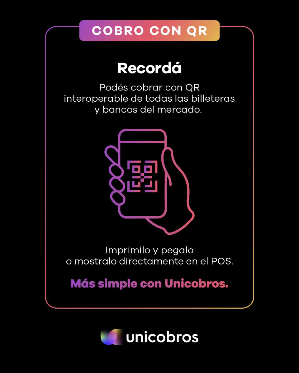 Cobrá más fácil y rápido 📲
💪Con Unicobros, aceptá pagos con QR interoperable desde todas las billeteras y bancos del mercado.

✅Simplificá tus cobros y mejorá la experiencia de pago.
Más simple con Unicobros.