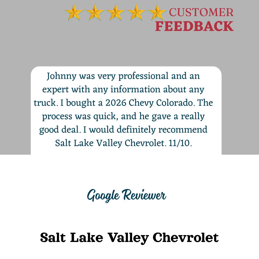 SLVChevy's tweet image. Thank you for your wonderful review! We're thrilled to hear about your positive experience with Johnny and the purchase of your 2026 Chevrolet Colorado. We appreciate your recommendation and look forward to assisting you again in the future!