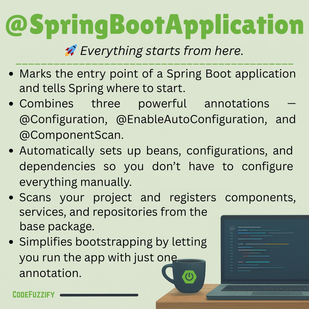 itsvaibhavp's tweet image. 🔹 Annotation #25 — @SpringBootApplication

#SpringBoot #Java #Spring #SpringAnnotations #SpringSeries