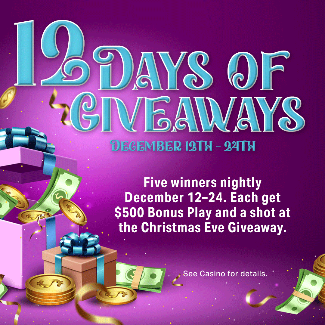 kootenaicasino's tweet photo. Join us for 12 Days of Giveaways!
Five winners are drawn every night starting Dec 12th β score $500 Bonus Play and your entry into the Christmas Eve Giveaway!
#KoonenaiInnCasino #KRI #WinatTheInn #Casino #UnwrapTheWinnings https://t.co/b1RZdw3ALr