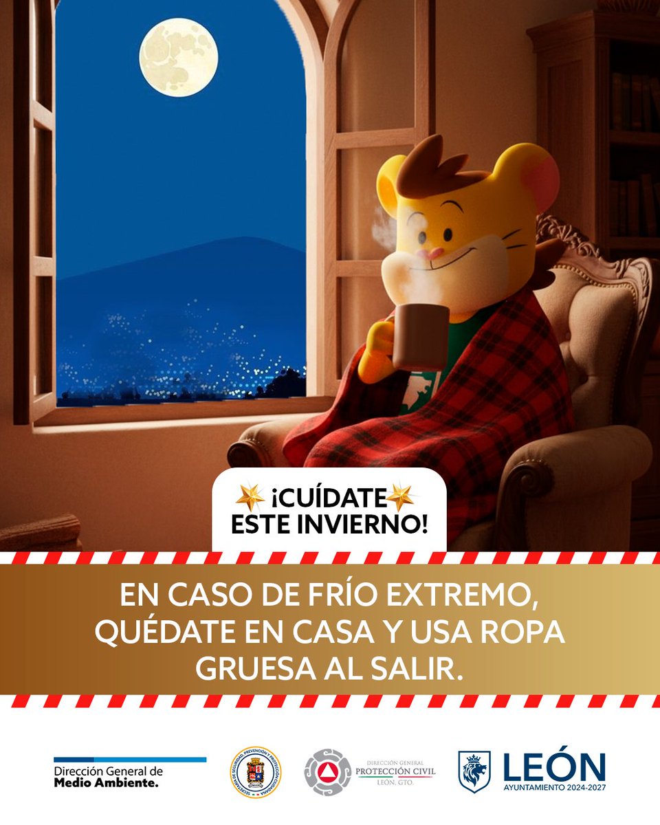¡Cuídate este invierno! ❄️🧣 Ante las bajas temperaturas abrígate bien y toma precauciones al salir de casa 🏠.

#InviernoSeguroLeón