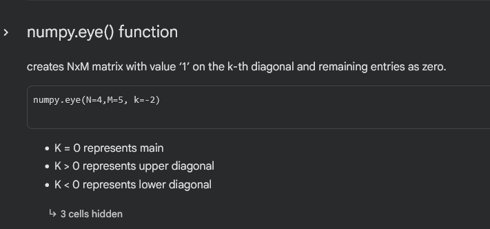 trisha51972's tweet image. Day 4 of #100DaysOfML  
Revising from basic Python to NumPy makes me realize how important it is.  
I get this while visiting the NumPy.eye() function. 
#LearningInPublic #pythonwithdatascience