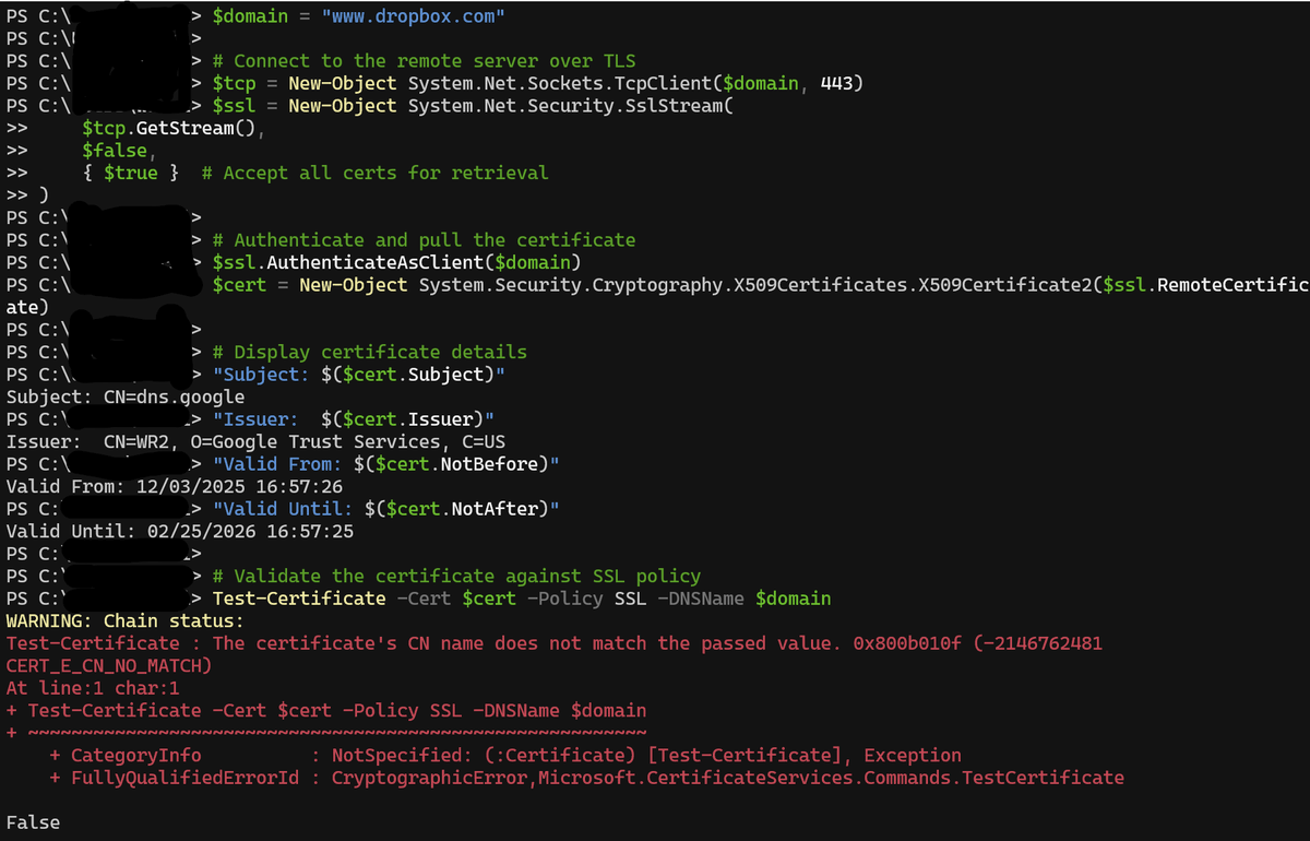 CrimsonJoseph's tweet photo. @DropboxSupport I ran it through PowerShell too, using Test-Certificate https://t.co/DUm1AcGkfC