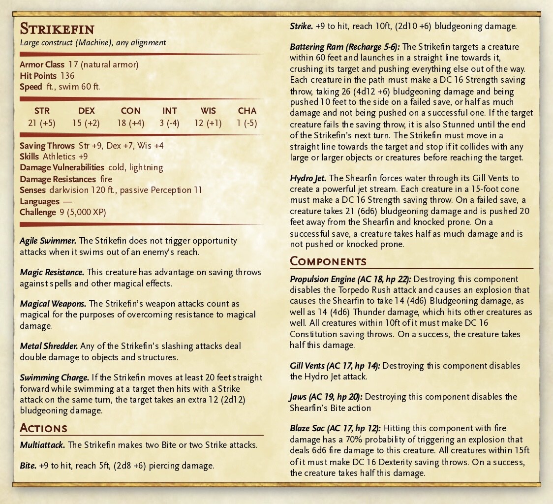 The last MM from us for a bit. I'm going on hiatus in January to work on a🅿️!

A terror tucked in the tides, this trash-tearing tool  takes to traumatizing teams that trespass on its turf with toothsome tactics...

Shearfin!

Built for pathfinder2e and dnd5e!

Art:<a href="/SpookyActivity/">Spooky 🏳️‍🌈</a>