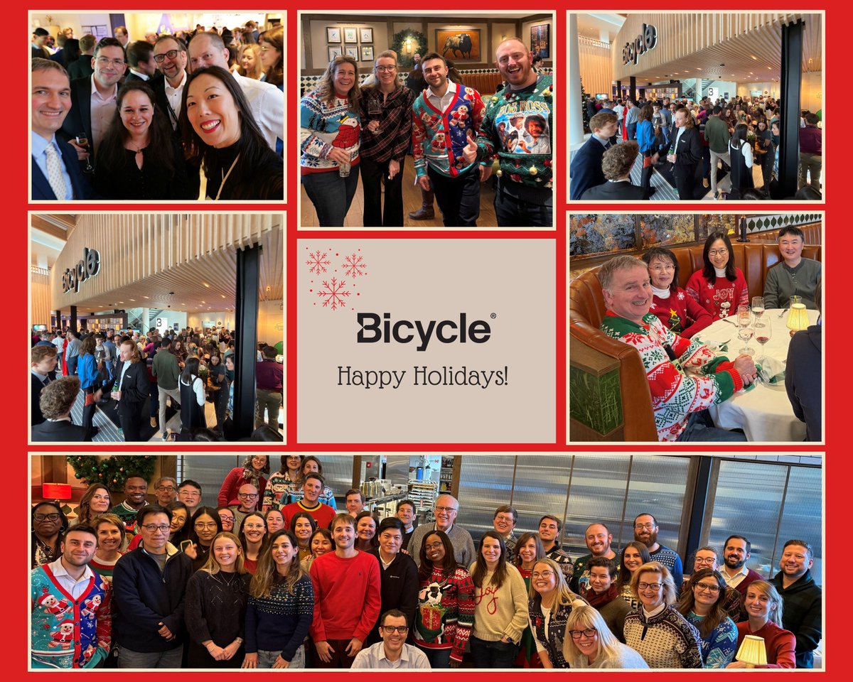 Bicycle_tx's tweet image. Celebrating the brilliant team behind our science! 🔬

Today, our UK &amp;amp; US teams are enjoying festive parties &amp;amp; an epic ugly sweater contest. In the spirit of the season, we're also giving back with a donation to charity.

Cheers to a year of progress! 

#HolidayParty #TeamCulture