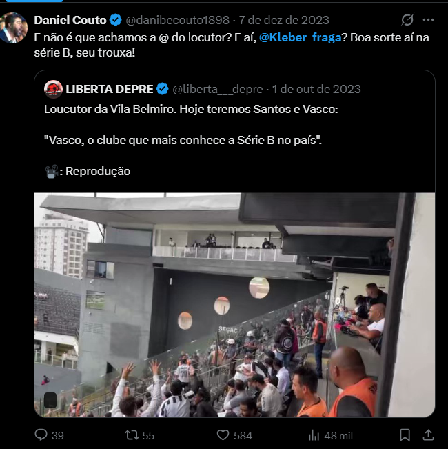 Lembro que em 2023 Vasco e Santos estavam brigando pra n cair e esse maluco simplesmente marcou um amigo meu falando que ele era o locutor da Vila Belmiro 

Um monte de vascaino foi zoar o coitado que n tinha nada a ver com a história