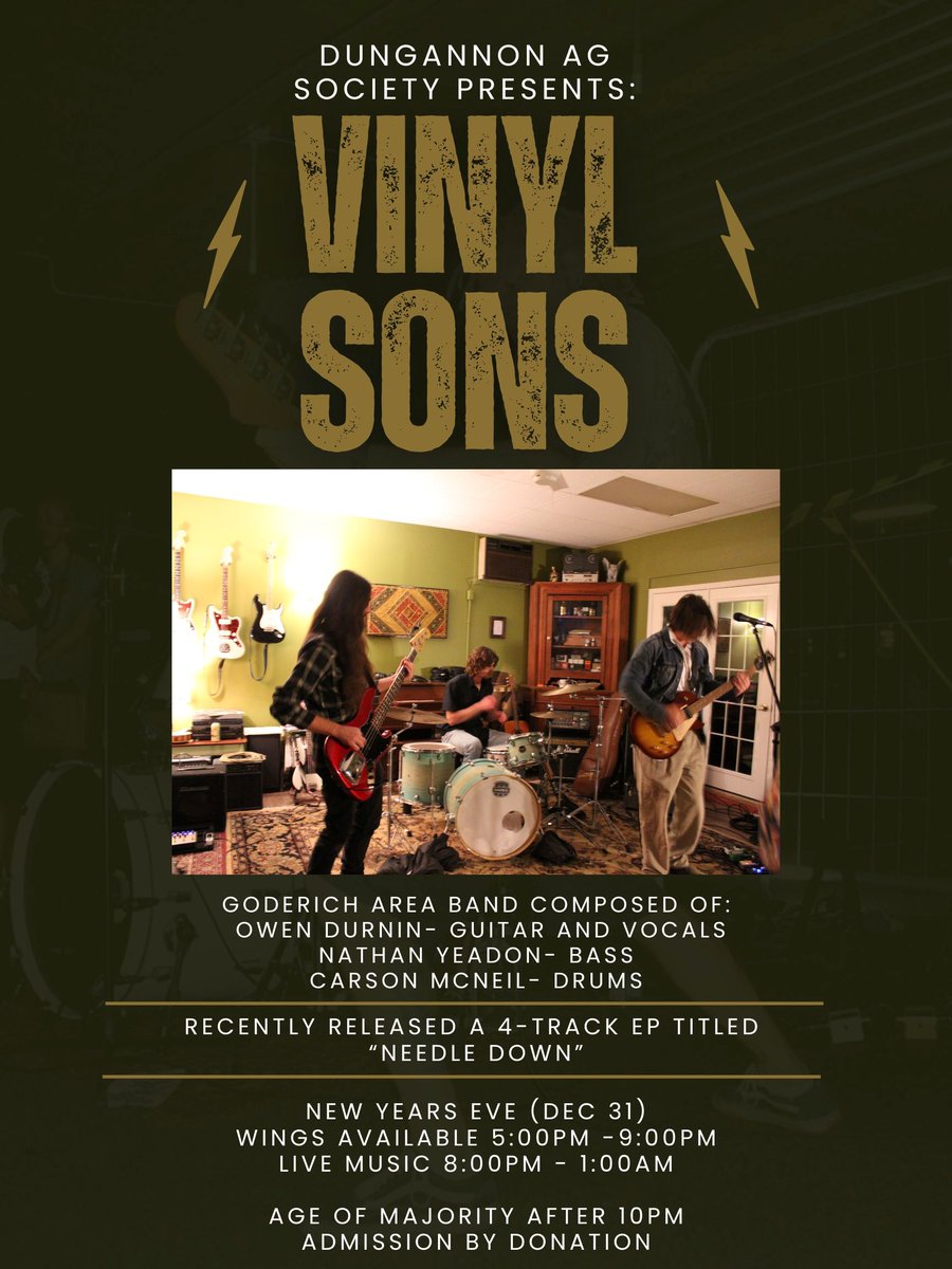 Wing in the New Year in Dungannon! 🍗🎶
📅 December 31, 2025
⏰️ 5 - 9 pm - Wings &amp; Fresh Cut Fries
🎶 8 pm - 1 am - Live Music featuring the Vinyl Sons
📍Dungannon Ag Hall