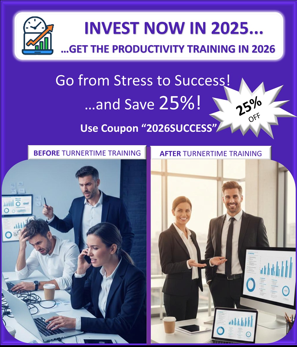 TurnerTimeLLC's tweet image. Don’t Let Your Budget Go Unused - Act Today to Boost 2026 Productivity

Start 2026 with confidence and clarity by investing in training for you and your team using the remaining budget of 2025.

Questions? info@turnertimemanagement.com or call 855-778-8463

#yearendspecial