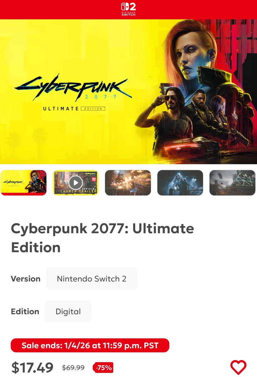 Absolutely insane deal for Switch 2.. Cyberpunk 2077 Ultimate Edition is currently $17.49 (75% off) making it cheaper than any other platform. 

One of the best looking Switch 2 games and a must play for RPG fans!