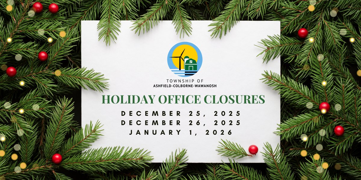 The Township Office at 82133 Council Line will be closed the following days: 🎄 Thursday, December 25, 2025 🎁 Friday, December 26, 2025 🎉 Thursday, January 1, 2026  ⏰️ Landfill, waste, and recycling services will operate as usual.  Enjoy the holidays, and stay safe! 🎄🎅🎁