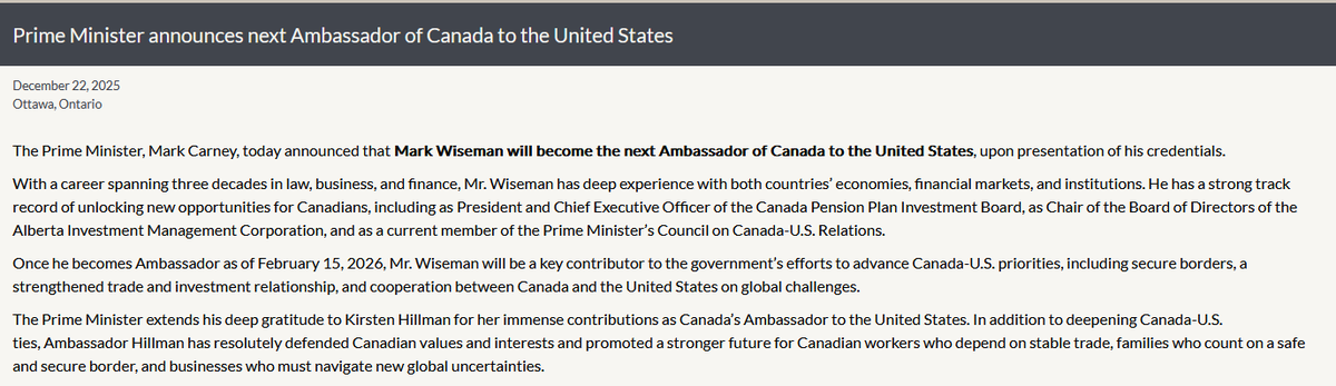 New: It's official, Mark Wiseman will be Canada's next ambassador to the U.S. as of Feb. 15.
Wiseman is a friend of Mark Carney's and a long time (and well known) financier. Read <a href="/tracymoran/">Tracy Moran</a>'s latest on the tough job ahead for him
nationalpost.com/news/analysts-…