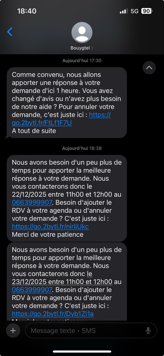 kinok77's tweet photo. @bouyguestelecom @BenoitTorloting 
Depuis le 8 novembre je n’ai plus de fibre. J’ai appelé 20 fois. On me dit que mon dossier sera suivi et qu’on me rappellera, bien sûr ce n’est jamais fait.
Et pire je me fais insulter par vos « conseillers ». Je fais comment pour escalader ? https://t.co/idF77Dm6IH