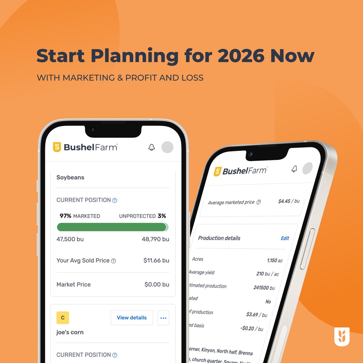 Use your Marketing and Profit &amp; Loss tools in Bushel Farm to build your strategy for next season.

See which fields were profitable, compare input decisions, and map out what’s next, before you’re in the middle of it.