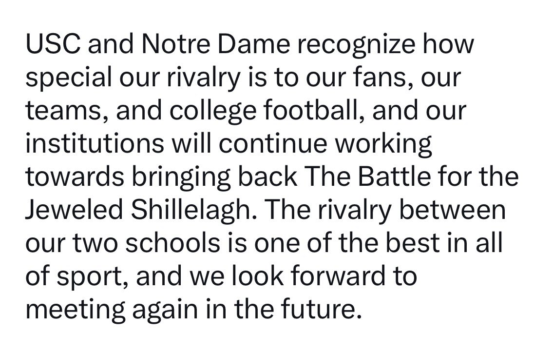 Joint statement from USC and Notre Dame on the rivalry hiatus: