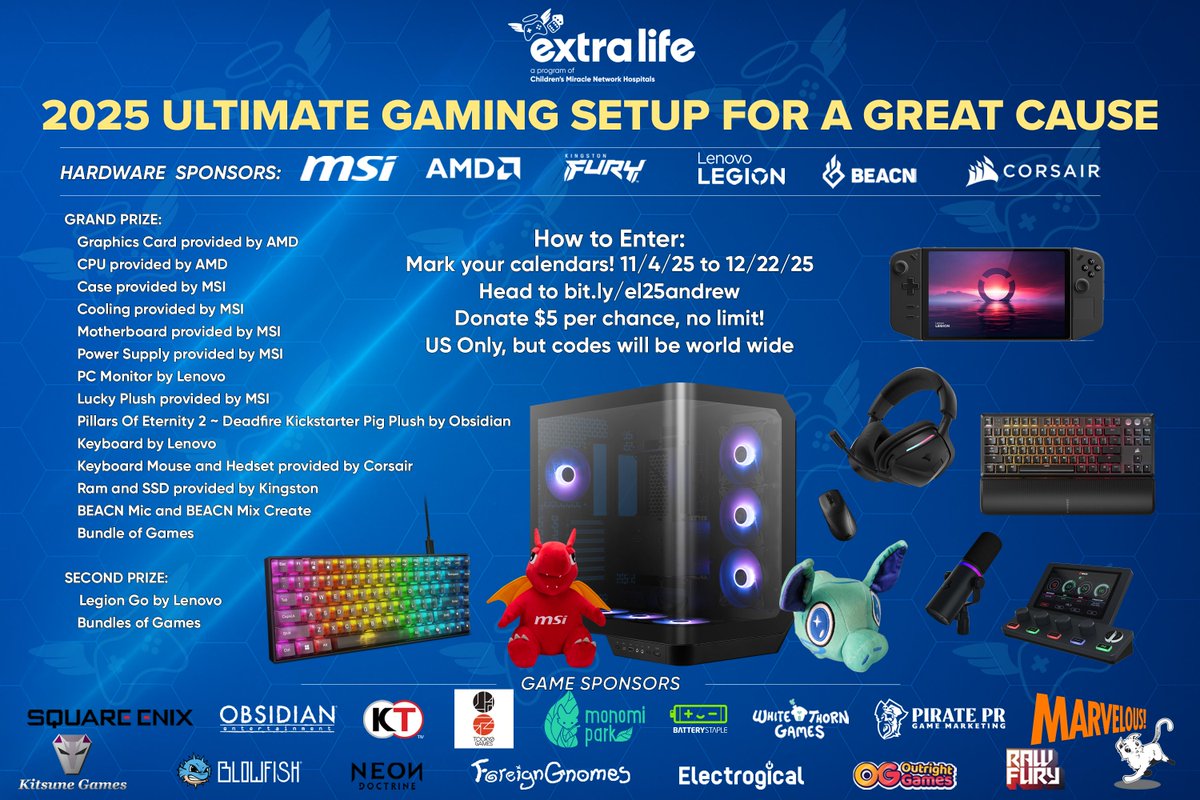 TODAY IS THE FINAL DAY!!!! I want to thank  <a href="/msiUSA/">MSI Gaming USA</a> <a href="/Lenovo/">Lenovo</a> <a href="/AMDGaming/">AMD Gaming</a> @Corsair <a href="/kingstontech/">Kingston Technology</a> <a href="/beacn/">BEACN</a>  <a href="/SquareEnix/">Square Enix</a> <a href="/Obsidian/">Obsidian</a> <a href="/pr_pirate/">Pirate PR</a> <a href="/RawFury/">Raw Fury I ROUTINE IS OUT NOW</a>  <a href="/marveloususa/">Marvelous USA</a> and so many more!

Details in the picture below! Can't donate, share this great cause!

Link: bit.ly/el25andrew