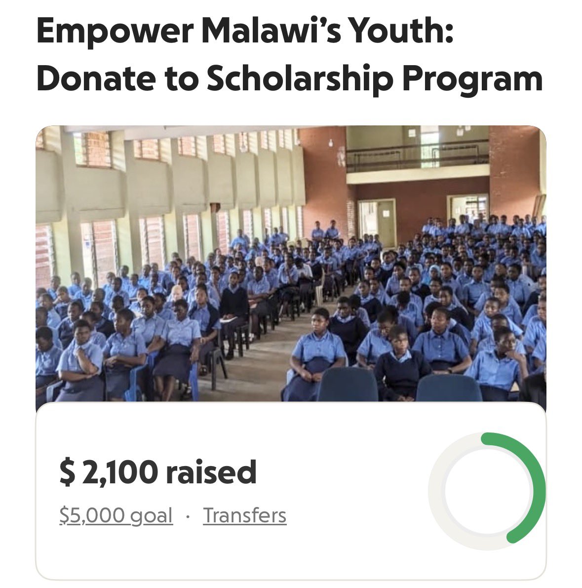 Hello Everyone,

It’s Christmas time &amp; I want to invite all of you to check out my scholarship fundraiser for students in Malawi. If you feel compelled to give at this time, please donate what you can. If you want to change lives and make someone’s dream to go to school possible,