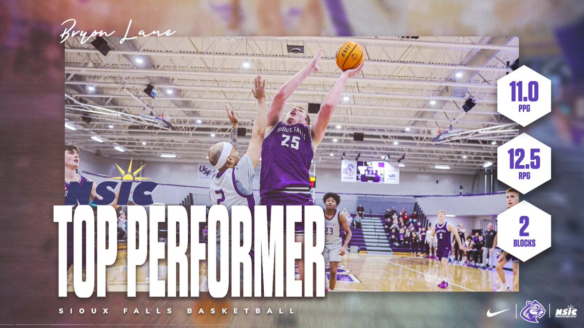 USFCougarsMBB's tweet photo. Big-Time Bryon! 💪

Strong performance from Bryon Laue to make this week's NSIC Top Performers list!

#CooFalls | #BleedPurp https://t.co/hp5fxFR94y