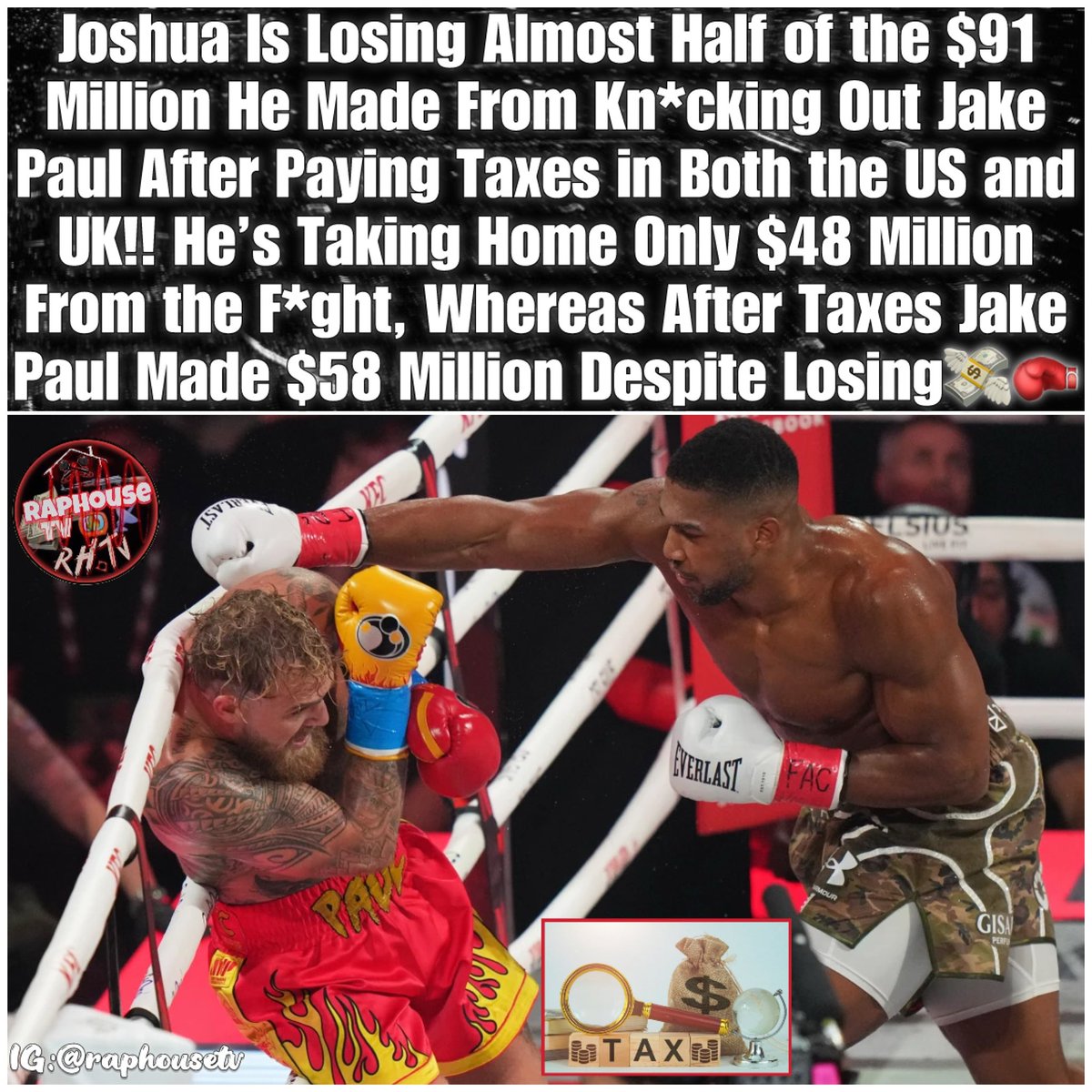 raphousetv2's tweet image. Anthony Joshua Is Losing Almost Half of the $91 Million He Made From Knocking Out Jake Paul After Paying Taxes in Both the US and UK!! He’s Taking Home Only $48 Million From the Fight, Whereas after taxes Jake Paul Made $58 Million Despite Losing 💸🥊😮