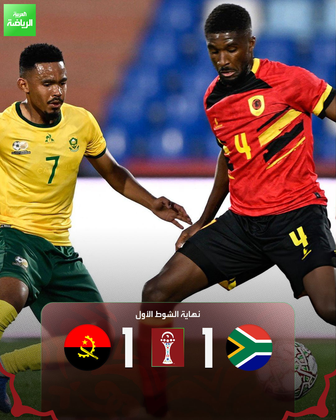 نهاية الشوط الأول بالتعادل الإيجابي بين جنوب إفريقيا وأنغولا. جنوب إفريقيا 1 (أبوليس) أنغولا 1 (مانويل شو). كأس أمم إفريقيا. ملعب مراكش 