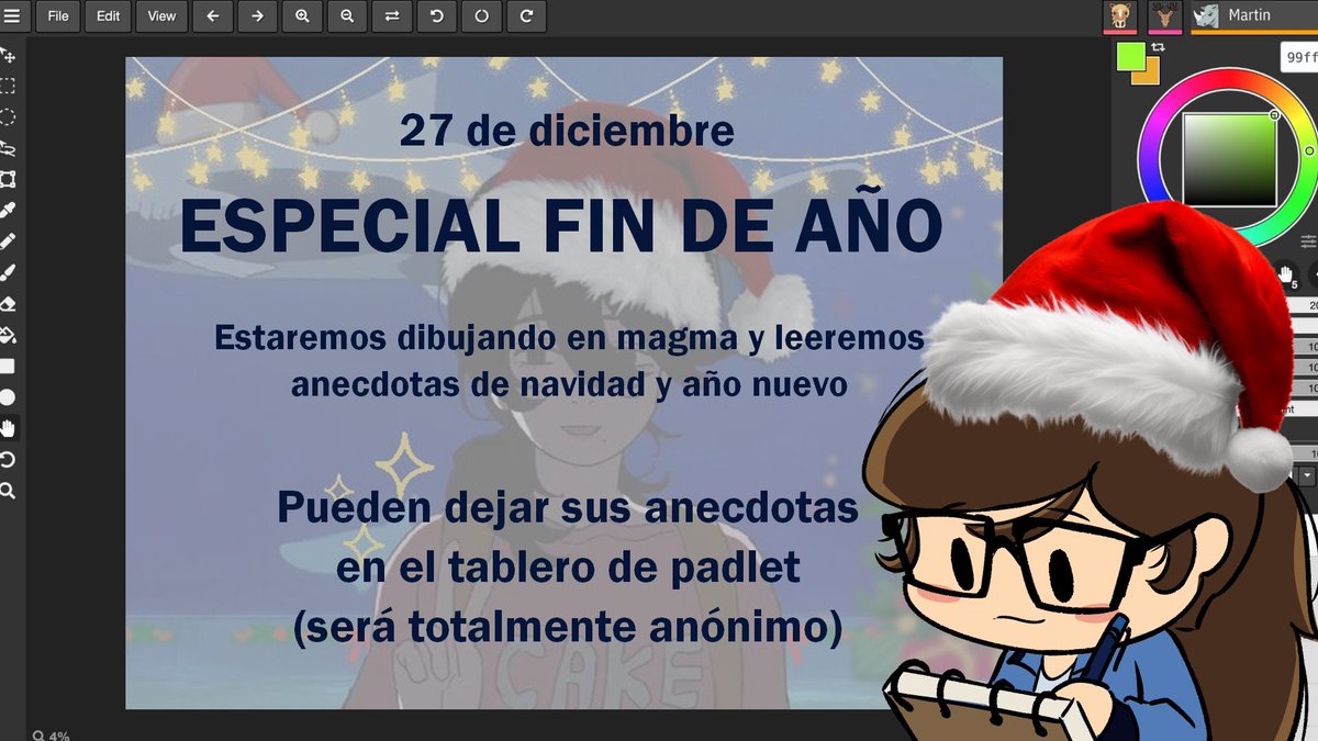 el 27 de diciembre tendremos un confesionario de navidah y año nuevo

estaremos en un lienzo compartido en magma dibujando y leyendo anecdotas anónimas de epocas de navidad y año nuevo

 (abajo está el link donde puedan dejar sus anecdotas)