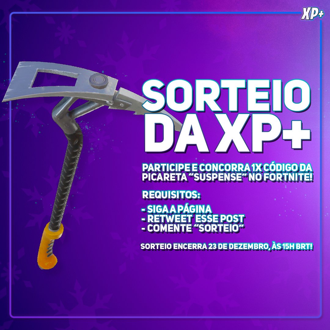 XPcomunidade's tweet image. 🚨 NÃO FIQUE DE FORA!

Participe desse sorteio e concorra a 1x Código da picareta "Suspense" no Fortnite! ⛏️

Requisitos:
✅ Siga a página
🔁 Retweet o post 
🗨️ Comente "Sorteio" 

O sorteio encerra em 23 de dezembro, às 15h BRT, e o resultado sai um tempo depois.