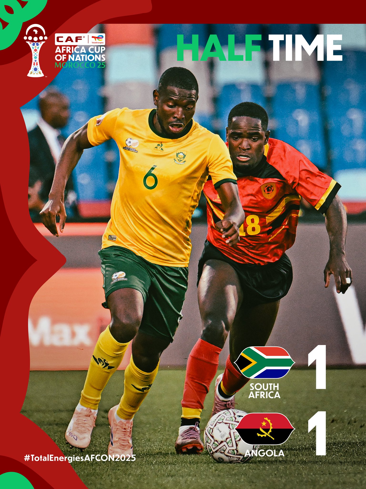 نهاية شوط المباراة الأول! جنوب إفريقيا 1 - 1 أنجولا ينتهي بهدف مقابل هدف! #كأس_أمم_أفريقيا 