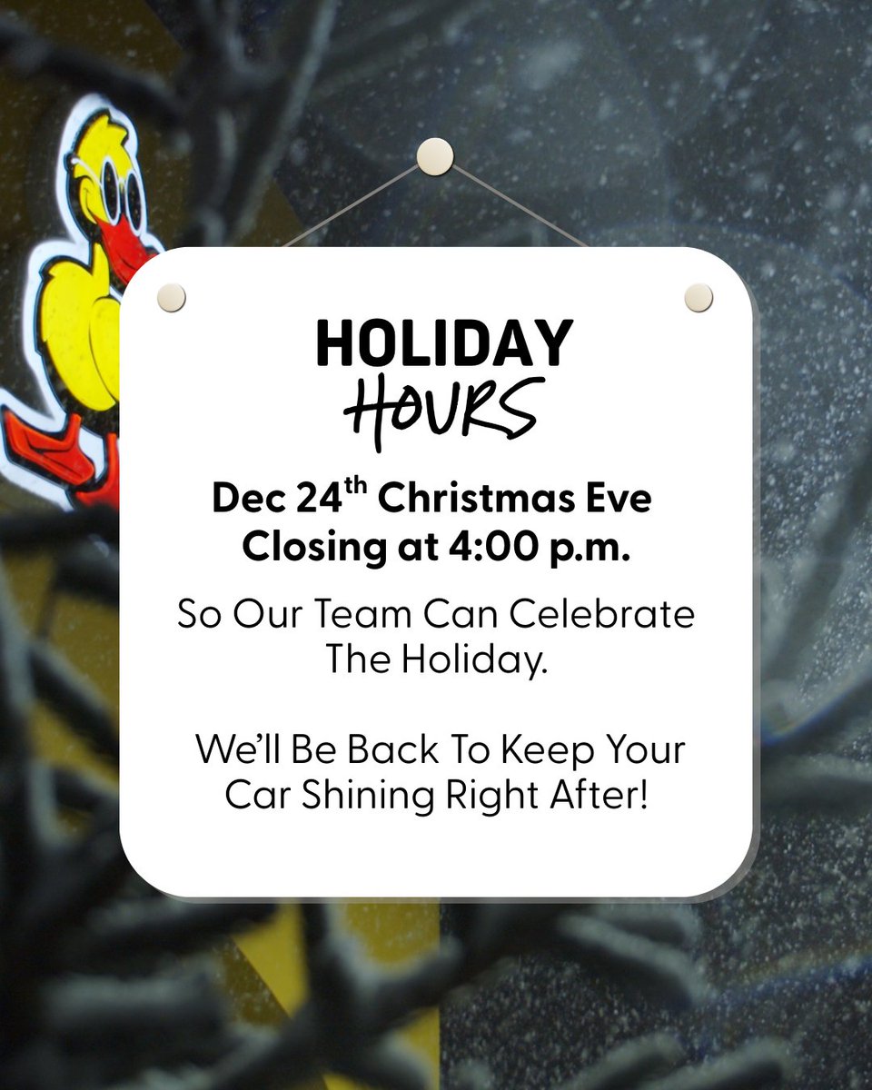 quickquack's tweet image. Warm holiday wishes from our flock to Yours! ❄️💛
May your days be merry, bright, safe, and full of joy.

Holiday Hours 🎄
• Dec 24: Closing at 4:00 p.m. local time
• Dec 25: Closed
• Dec 31: Closing at 6:00 p.m. local time
• Jan 1: Opening at 9:00 a.m. local time

Happy…