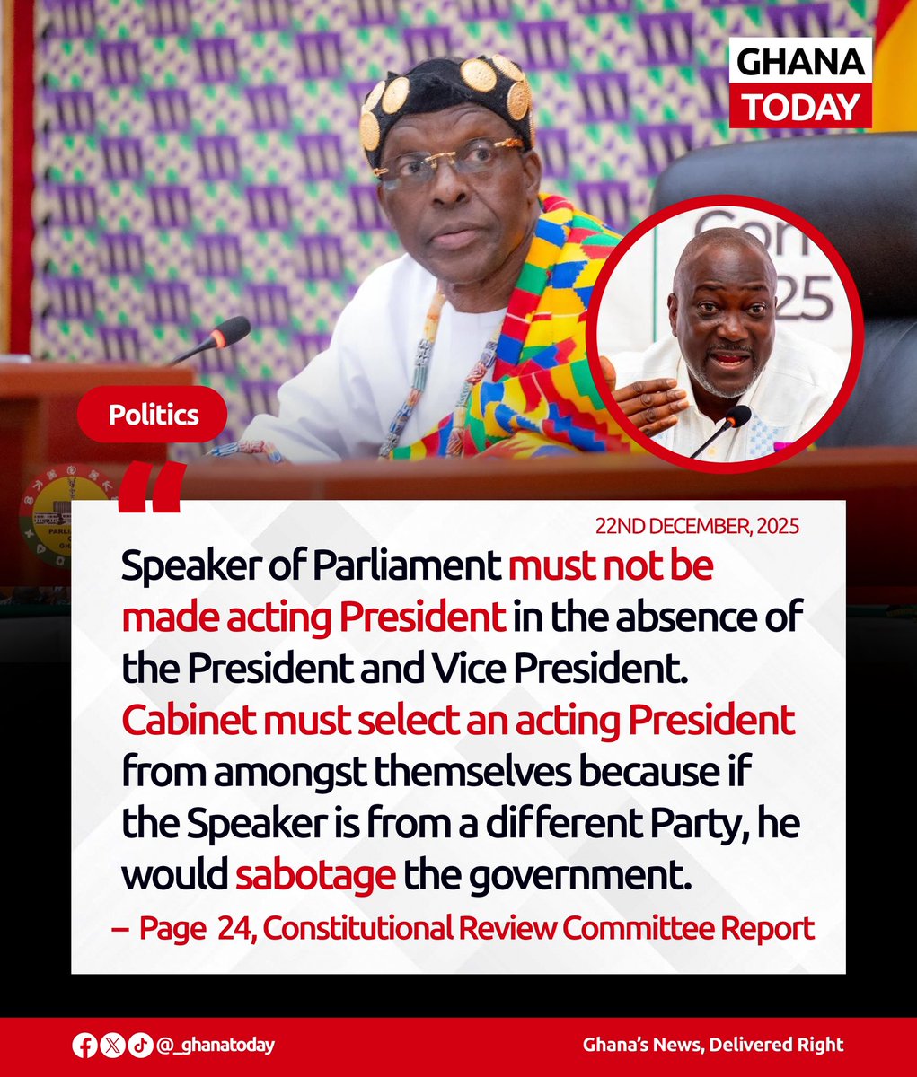 The Speaker of Parliament must not be made acting President in the absence of the President and Vice President. Cabinet must select an acting President from amongst themselves, because if the Speaker is from a different party, he would sabotage the government.

#GhanaToday