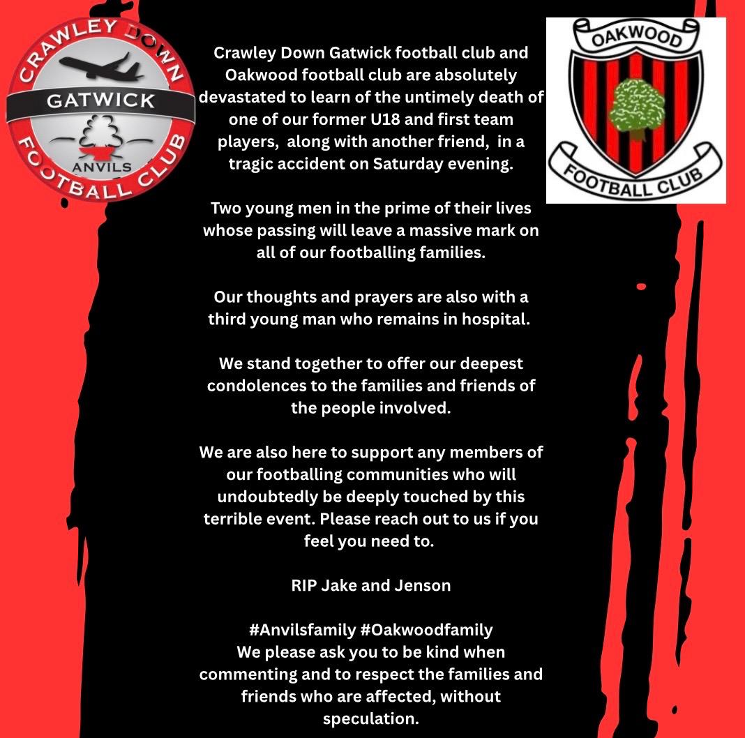 OakwoodFC's tweet image. Joint statement with @OfficialCDGFC. We ask you to please respect the families and friends and comment with kindness and without speculation.