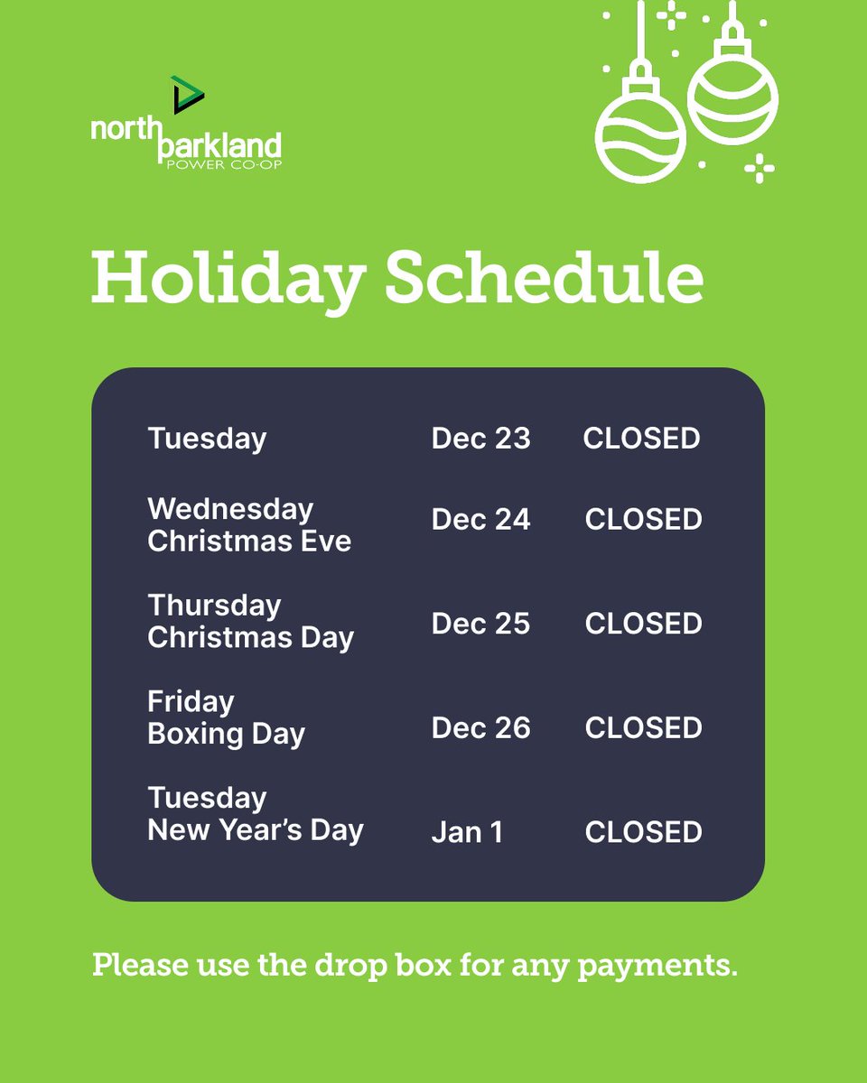 power_rea's tweet photo. 🎄Our office hours will be adjusted during the upcoming holiday season. Reminder: North Parkland Power Co-op Powerline Technicians are available 24/7 for outages and emergencies.
📞 780-398-2000.

Our office also has a secure drop box available for any payments. https://t.co/IOItwquhM0