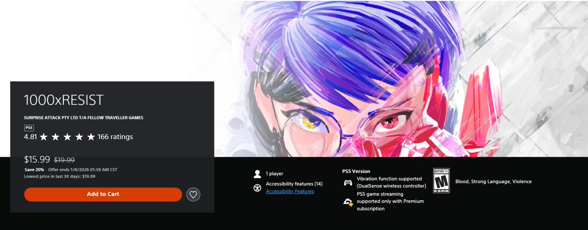 1000xResist's tweet image. 1000xRESIST isn’t on sale just on Steam… it’s now on sale on PlayStation, too!

We’re so happy to have finally ported our Peabody award-winning game to PlayStation earlier this year – and now you can get it for 20% off. 💙 

Hekki holidays!