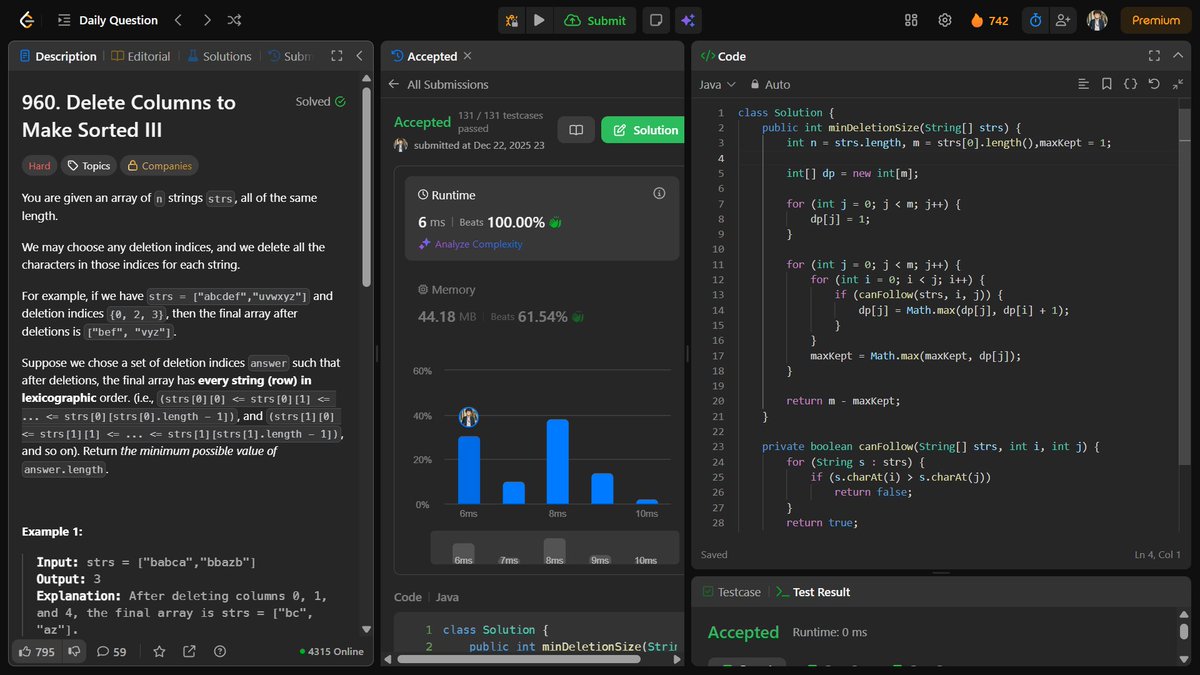 Kartscode's tweet image. 🇮🇳🔹 LeetCode Daily Challenge
📘 LC No.: 960
💡 Approach: Column LIS Strategy
🔥 Day 742 Streak 💪
❤️ Like | 🔍 Follow @Kartscode 
Building discipline, one problem at a time 🚀
#LeetCode #ProblemSolving #BuildInPublic #DSA