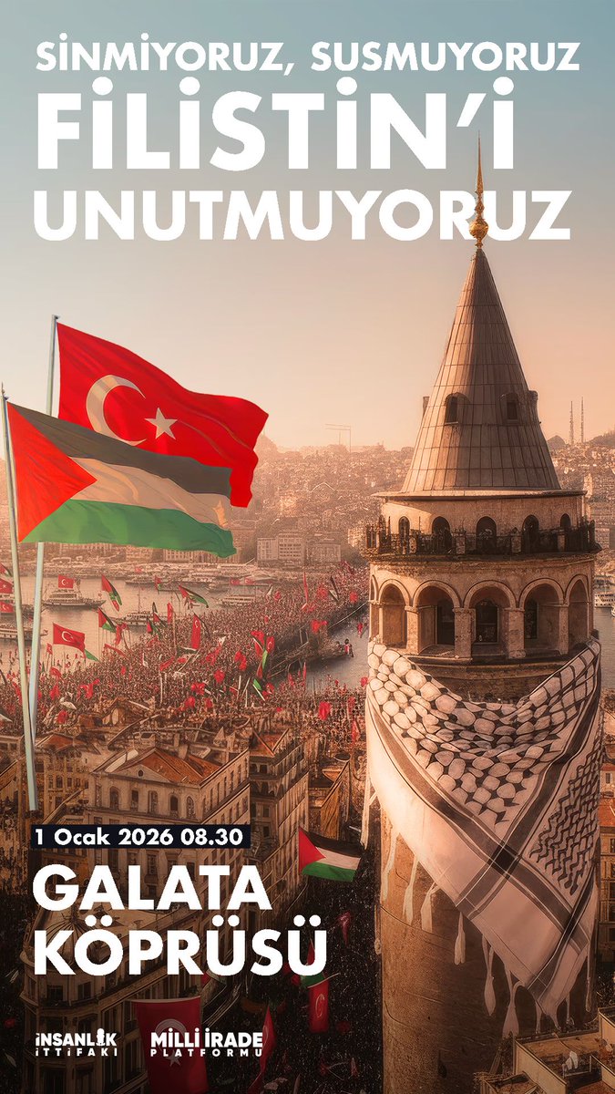 Yeni yılda sinmiyoruz, susmuyoruz, Filistin’i unutmuyoruz! Galata Köprüsü’nde buluşuyoruz! 
#1ocaktagalatada
📍 Galata Köprüsü
🗓 1 Ocak 2026
⏰ 08.30