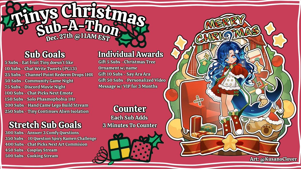 TIME FOR ANOTHER EVENT CHRISTMAS SUBATHON ON DEC 27TH STARTING AT 11AM EST 
art by <a href="/MikanMrym/">Kusano Clover (Comms Open)</a>