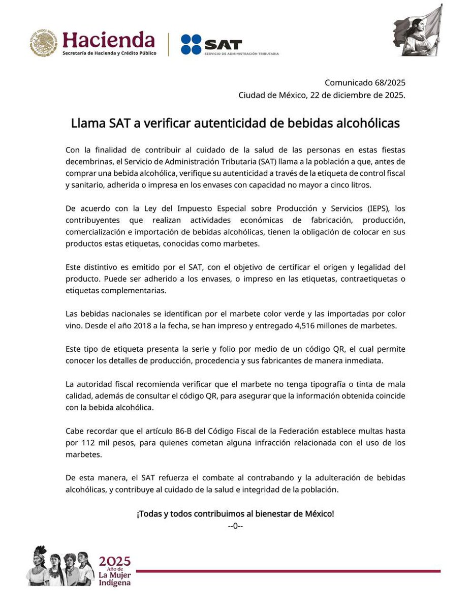 El SAT llama a la población a verificar la autenticidad de las bebidas alcohólicas antes de comprarlas, revisando que cuenten con el marbete del SAT, una etiqueta de control fiscal y sanitario que certifica su origen y legalidad.

📌Marbete verde: bebidas nacionales
📌Marbete