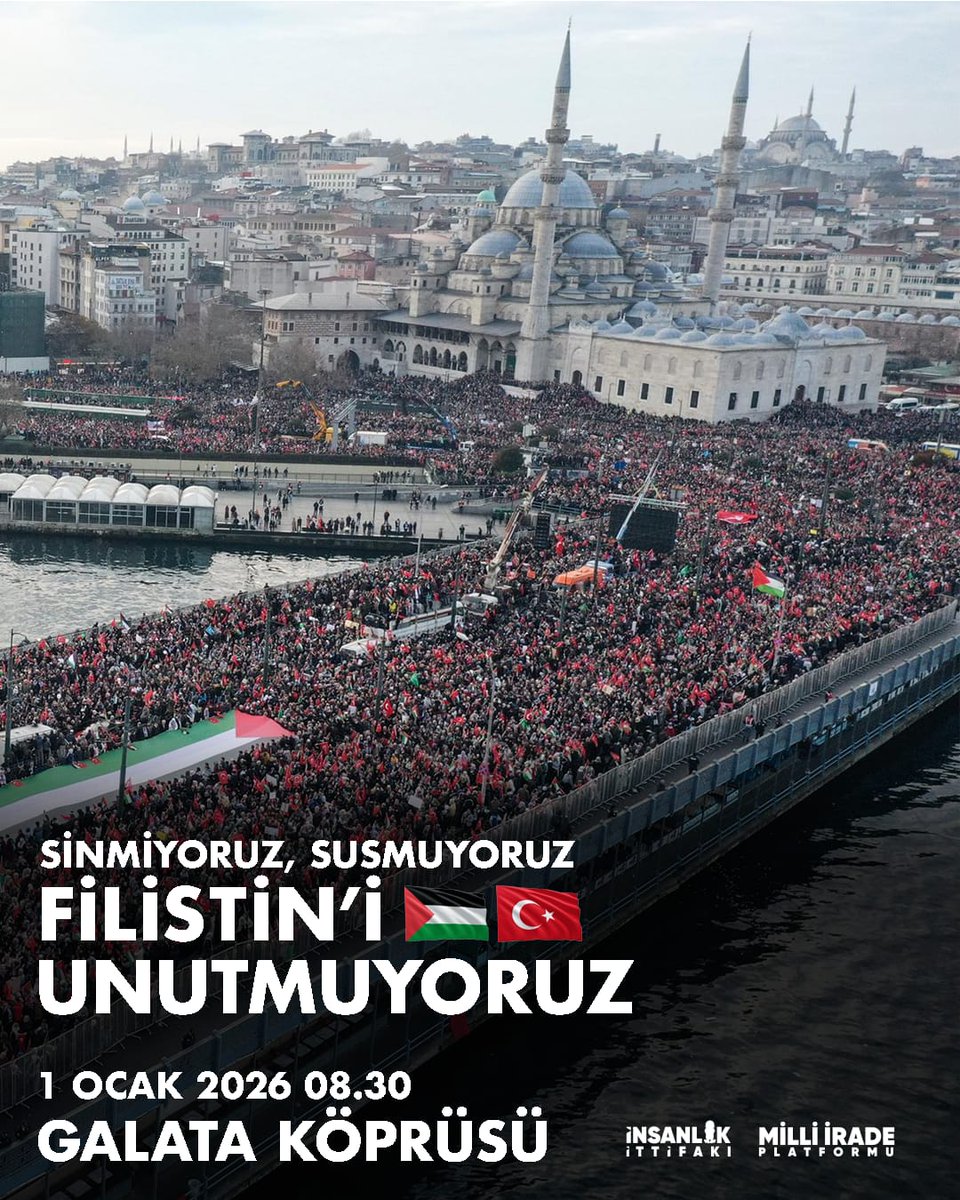 tugvacorum's tweet photo. Herkes bir şey söylüyor; biz sözle yetinmiyoruz. 1 Ocak sabahı Galata’da bir araya geliyoruz. Dua ediyoruz, yürüyüyoruz, yan yana duruyoruz. Bu kadar basit. Bu kadar net.
 #1ocaktagalatada
📍 Galata Köprüsü
🗓 1 Ocak 2026
⏰ 08.30 https://t.co/3552Nu6E59