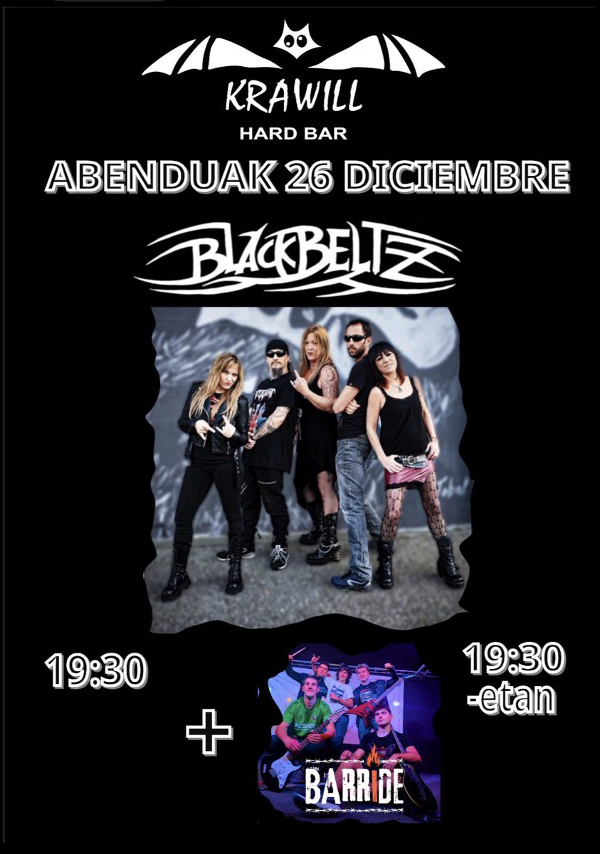 Este viernes tenemos concierto, desde Iruña  *BLACKBELTZ* , os recordamos que abrimos todos los dias, os esperamos 🤘🏻🤘🏻