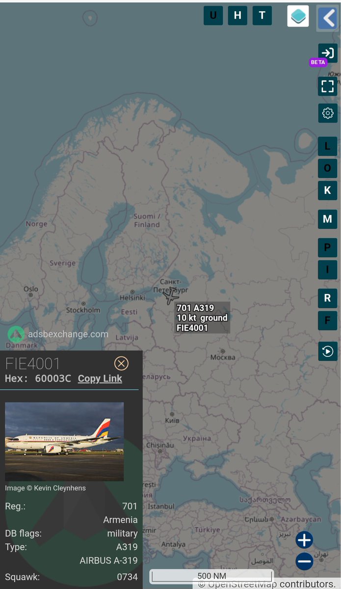 Borrowed7Time's tweet photo. Armenian Govt A319-132 reg 701 #60003C as FIE4001 departing St. Petersburg (CIS Summit) with PM Nikol Pashinyan on board. 
@sipjack1776 @MesopotamianFox @Dinlas3 @LadyAstroJet https://t.co/tGca87GGN0