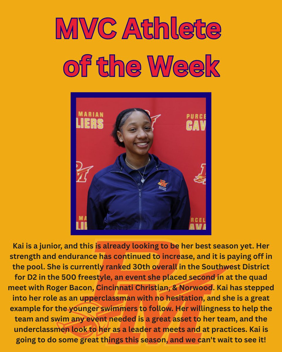 Congratulations to Junior Kai Moore on being named an MVC Athlete of the Week! Keep up the good work in and out of the pool! #purcellmarian #aquacavs