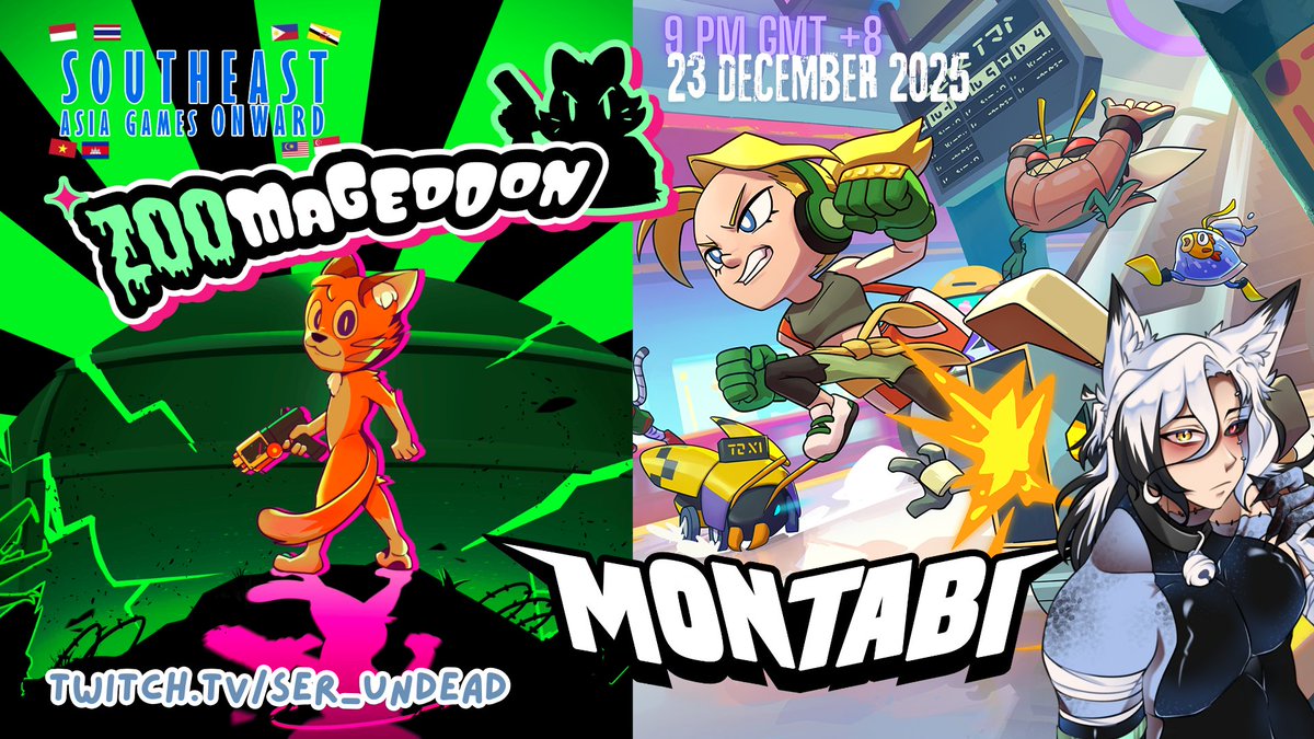 Tonight of #SEAGO2025, we're going to play two different type of games! See you soon~
Zoomageddon ©️ <a href="/FrameRats/">Frame Rats Digital</a> 
Montabi ©️ <a href="/PlayMontabi/">Montabi → Demo Out Now!🔥</a> 

🕘9PM GMT+8  
🔴twitch.tv/ser_undead