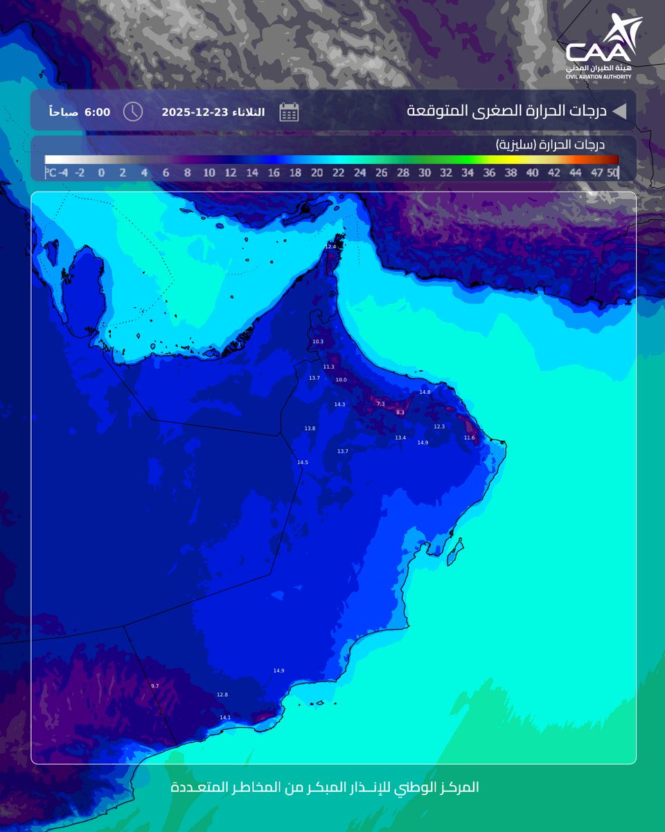 #الارصاد_العمانيه | درجة الحرارة الصغرى المتوقعة ليومِ غدٍ الثلاثاء 23 ديسمبر 2025 .
