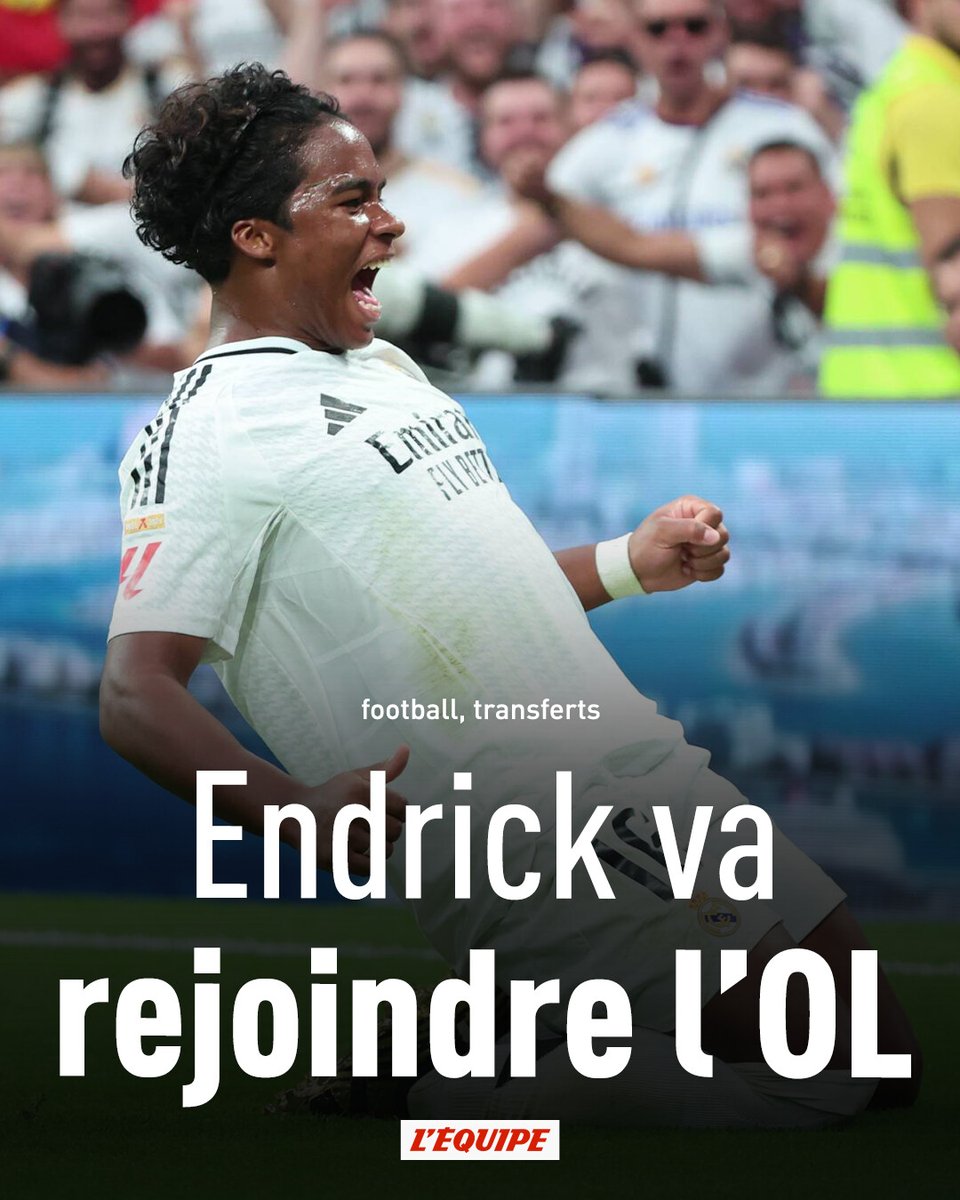 lequipe's tweet photo. INFO L'ÉQUIPE. Endrick, l'international brésilien de 19 ans, en mal de temps de jeu au Real Madrid, va rejoindre l'équipe de Paulo Fonseca. L'OL et le Real sont tombés d'accord pour un prêt de six mois sans option d'achat.
➡️ https://t.co/tKvowEfIkS https://t.co/oziXza99EG