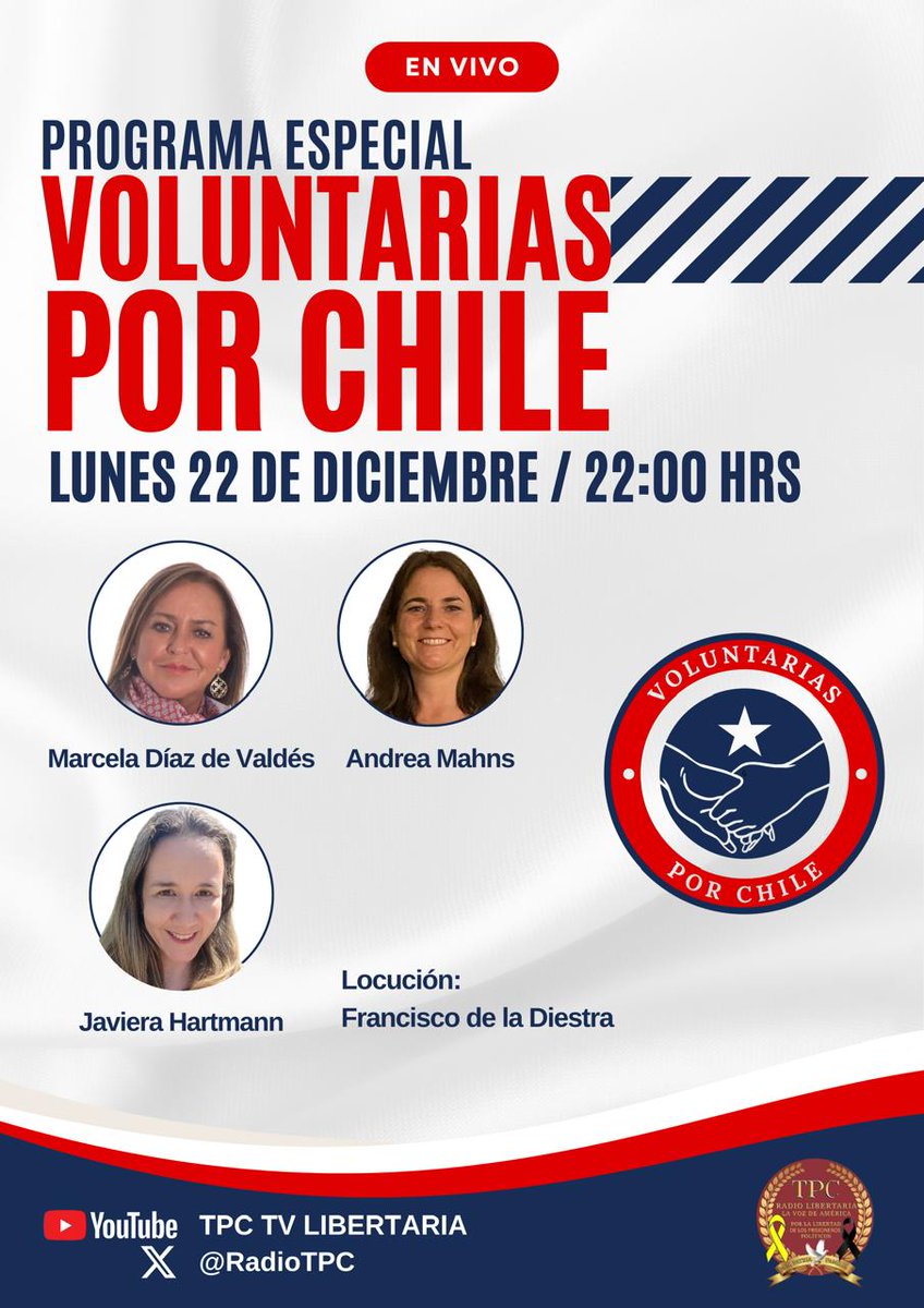 Hoy cerramos el ciclo del programa Voces Valientes y empezamos con Voluntarias por Chile. Siempre por <a href="/RadioTPC/">TPC RADIO LIBERTARIA</a> y sus plataformas llevaremos el cariño que Chile necesita. Bienvenidos al voluntariado más grande!
<a href="/Mdiazdevaldes/">Marceladiazdevaldes</a> <a href="/defensachilena/">Andrea</a> <a href="/JavieraHartmann/">Javiera Hartmann</a> <a href="/Francis25830521/">Francisco de La Diestra (Capitán Hunter)</a>