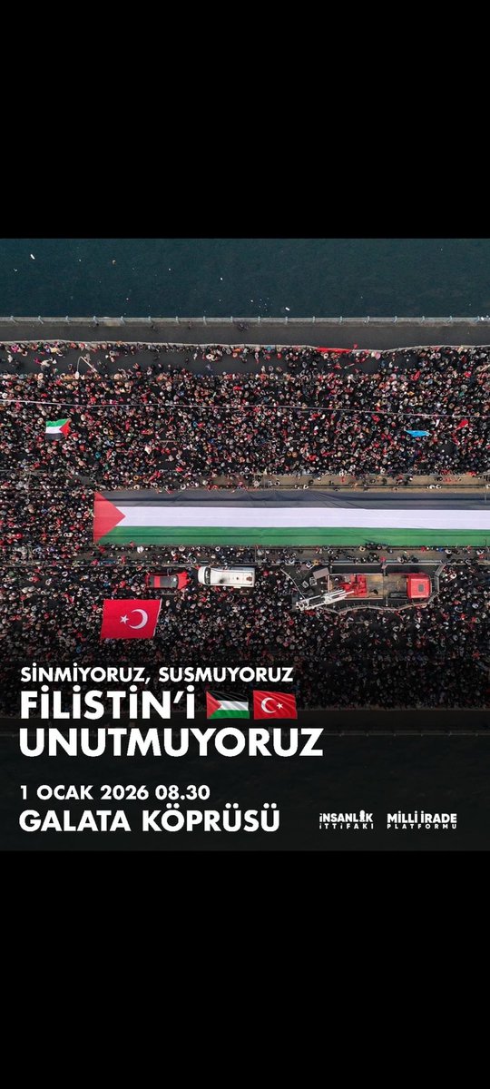 Bu sene de aynı yer, aynı sabah. Yılın ilk günü, 1 Ocak’ta Galata Köprüsü’nde yan yana durup sesimizi zalimlere yükseltiyoruz. 
#1ocaktagalatada
📍 Galata Köprüsü
🗓 1 Ocak 2026
⏰ 08.30