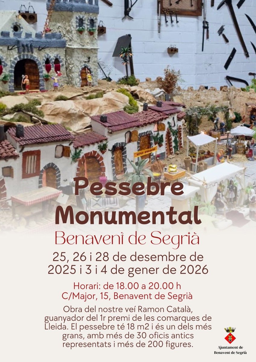 AjBenaventdeSeg's tweet image. Ja queda molt poc per visitar el Pessebre Monumental de Benavent, obra del nostre veí Ramon Català.

📆 Es podrà visitar els dies 25, 26 i 28 de desembre i els dies 3 i 4 de gener. 

No us el perdeu!
#benaventdesegrià