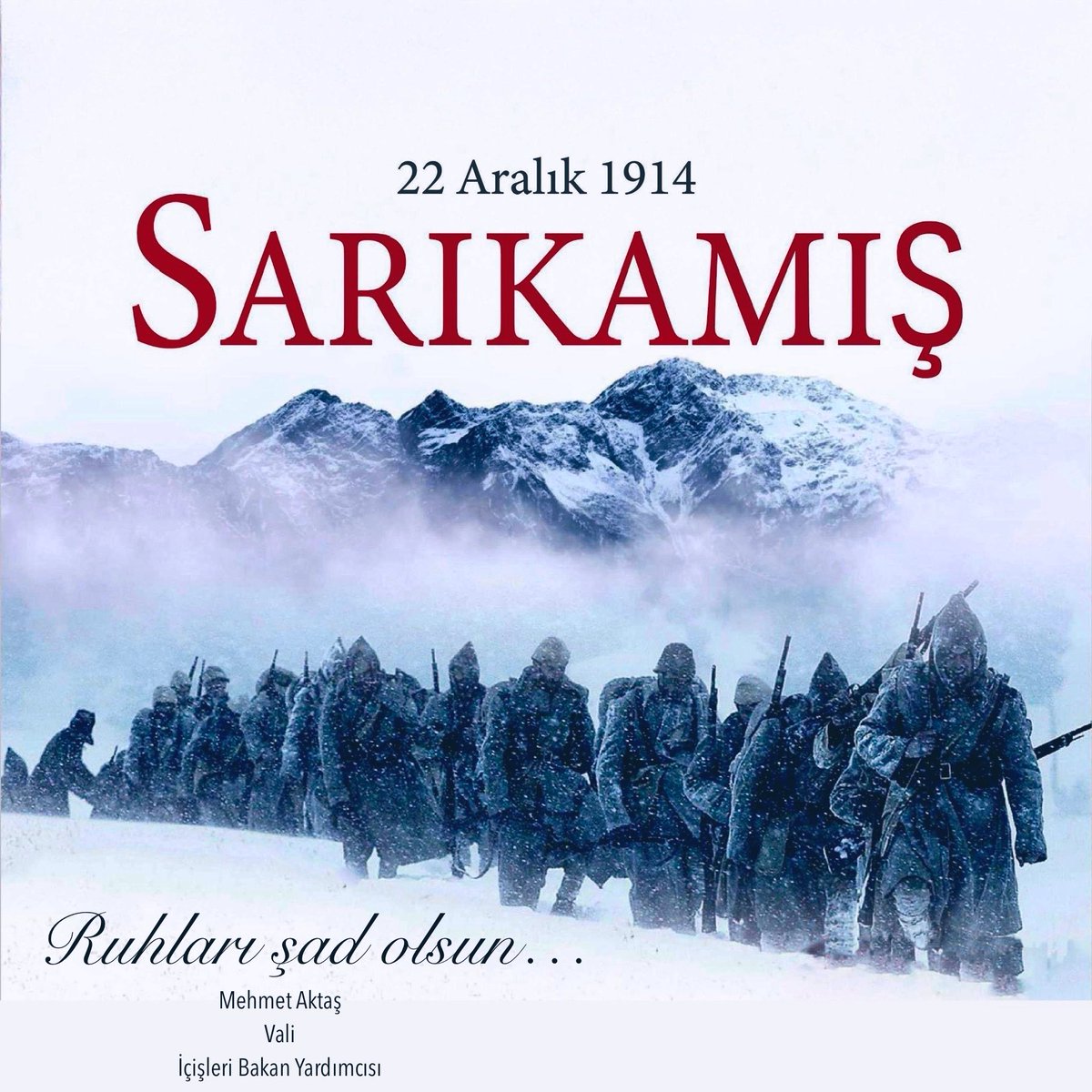 22 Aralık 1914

Geri dönmeyi asla düşünmediler!

Vatan uğruna beyaz örtüyü kefen eyleyenlerin destanı #Sarıkamış Harekatı’nın 111. Yıl Dönümünde kahraman şehitlerimizi rahmet ve minnetle anıyorum.

Ruhları şad olsun 🇹🇷
#SarıkamışHarekâtı