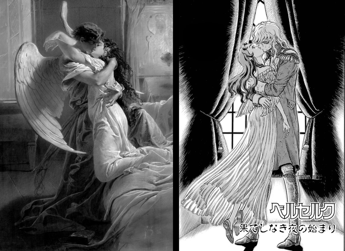 Byronic heroes.

Romantic Encounter (1864) by Mihály von Zichy. Lermontov's poem 'The Demon'.

Berserk : Ch38 "Start of the Everlasting Night," (1994) by Kentaro Miura.