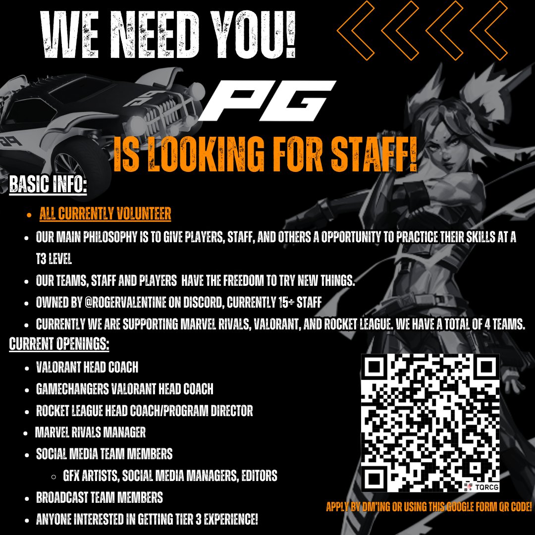 PurposeGGss's tweet image. Purpose Gaming is looking for staff! (Volunteer)

Openings (a lot lol):

Valorant Head Coach
GC Valorant Head Coach
Rocket League Head Coach
Marvel Rivals Manager
Social Media Team Members
       - GFX Artists, Social Media Managers, Editors
Broadcast Team Members
