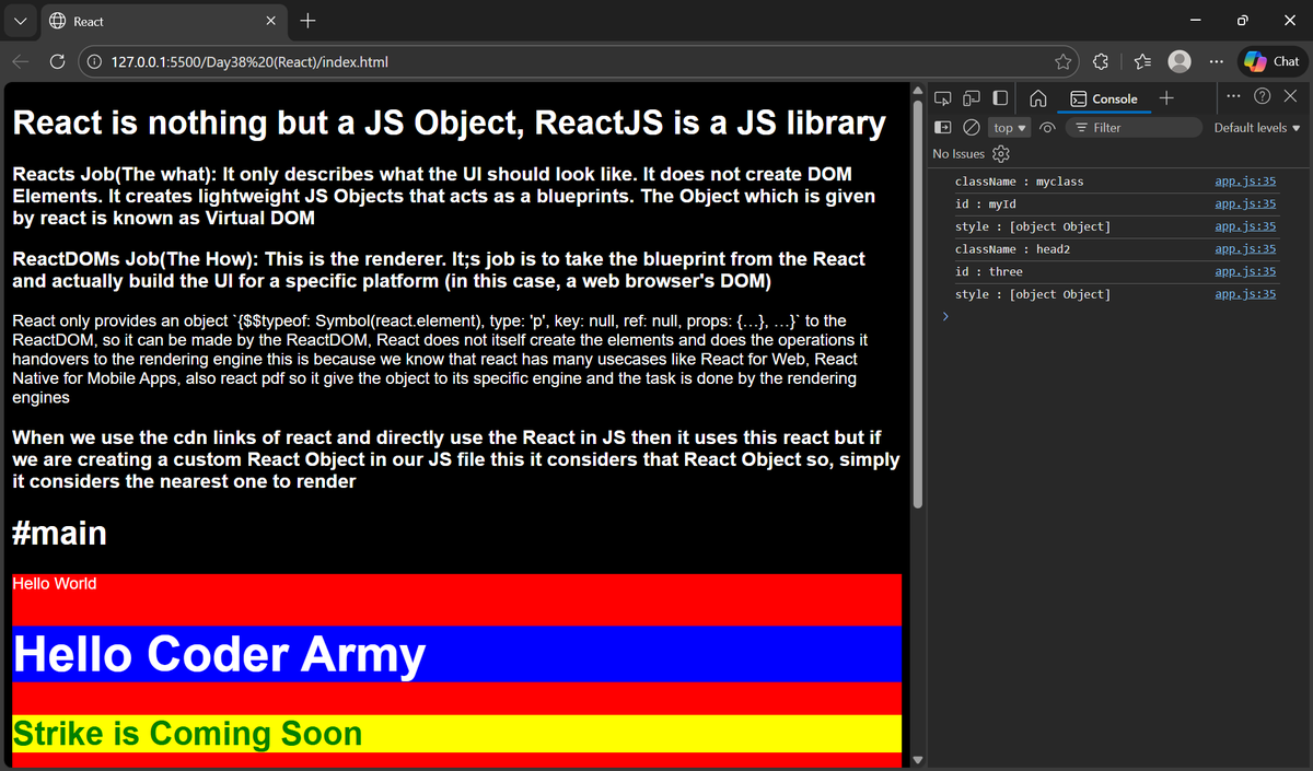gauravp012's tweet image. Day 38 of my web dev journey 🚀

🧠Key takeaways:
 - Why manual DOM = bugs 
- React’s declarative magic: UI = f(state)
- What React.createElement() does
- React vs ReactDOM — logic vs rendering

Thanks to @rohit_negi9 bhaiya
#WebDevelopment #ReactJS #CoderArmy #LearningInPublic