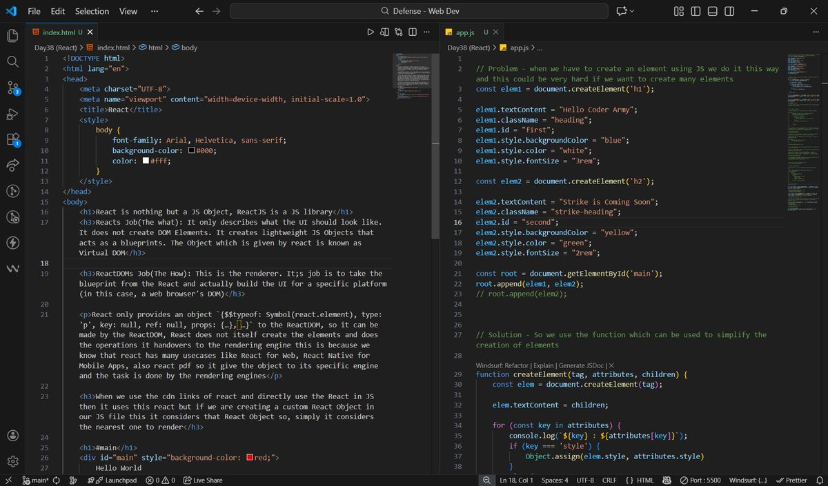 gauravp012's tweet image. Day 38 of my web dev journey 🚀

🧠Key takeaways:
 - Why manual DOM = bugs 
- React’s declarative magic: UI = f(state)
- What React.createElement() does
- React vs ReactDOM — logic vs rendering

Thanks to @rohit_negi9 bhaiya
#WebDevelopment #ReactJS #CoderArmy #LearningInPublic